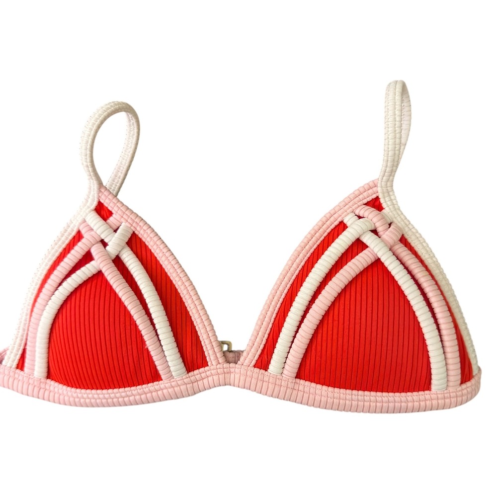 ONEONE Red Ribbed‎ Triangle Bikini Top Padded Braided Straps Size S